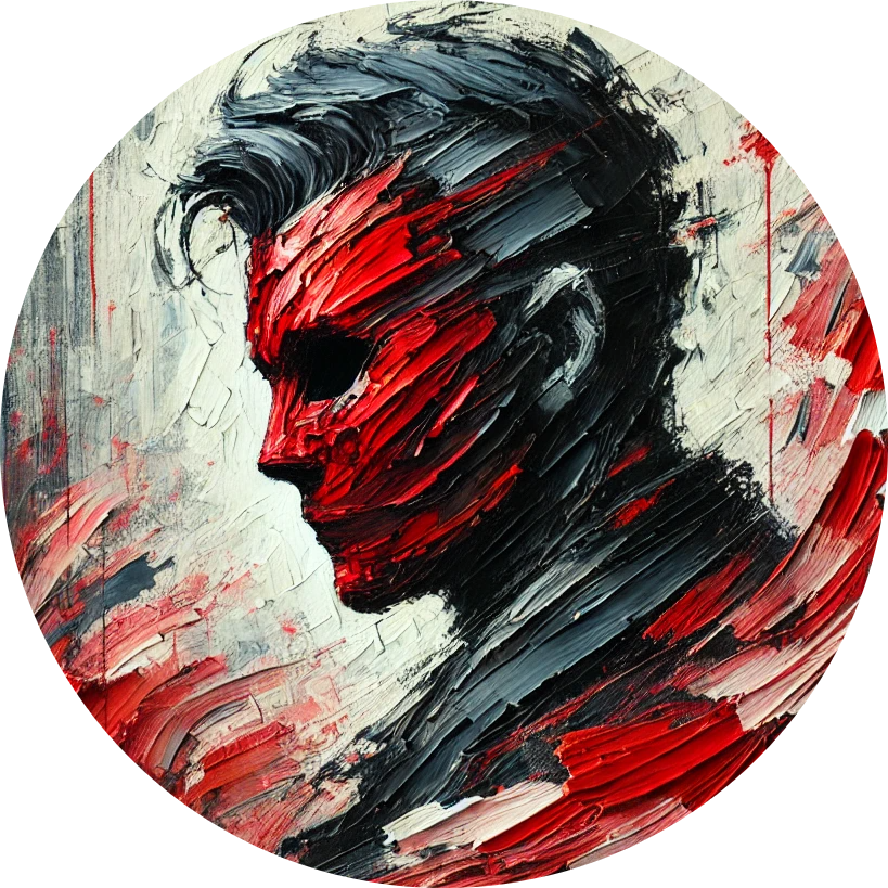 DALL·E 2024-11-25 20.52.35 - A bold abstract oil painting using only red and black tones, featuring the profile of a man wearing a mask. The composition is rendered with thick, ex-modified