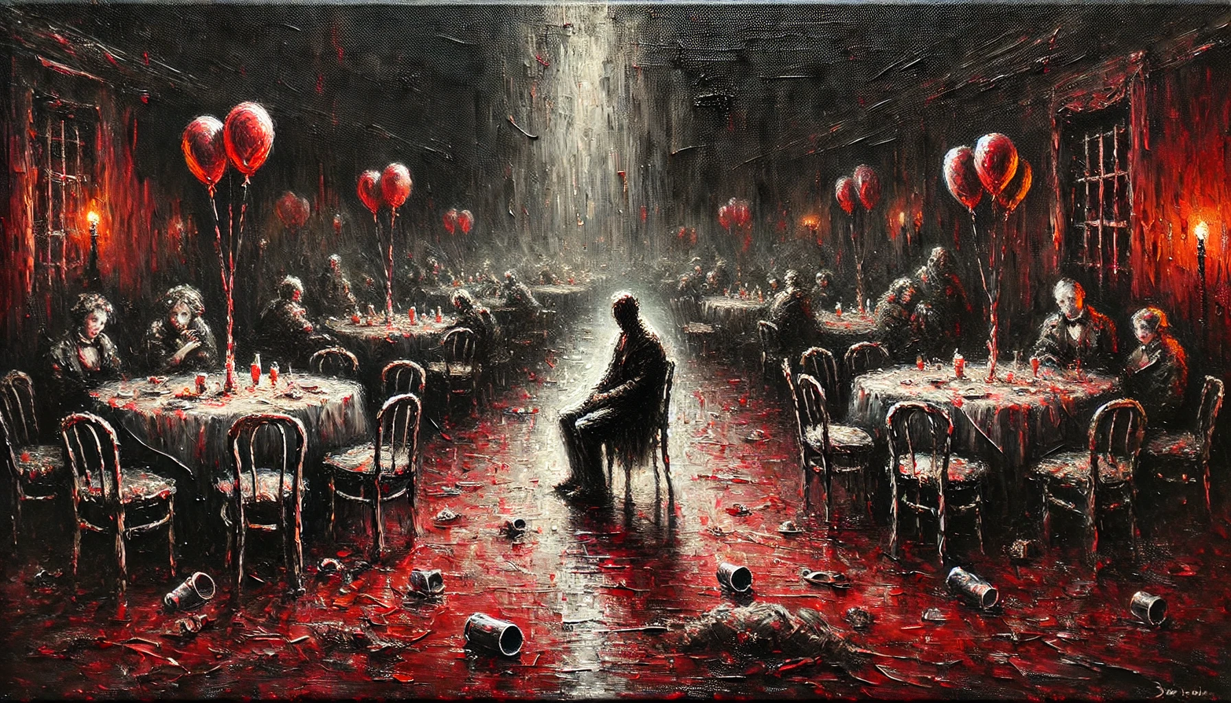 DALL·E 2024-11-26 02.42.51 - A landscape-oriented oil painting depicting a sad and desolate party scene, using a dark red and black color palette. The painting features a small gr